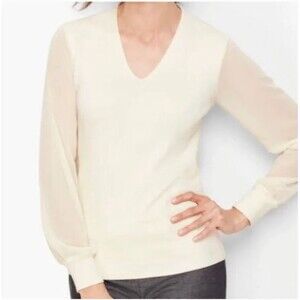 Talbots Sheer Poet Sleeve V Neck Pullover Sweater Ivory - Women's Size Petite XL
